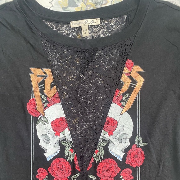 Express Brand New black graphic short sleeve tee with lace deep V insert. Size S - Picture 3 of 5